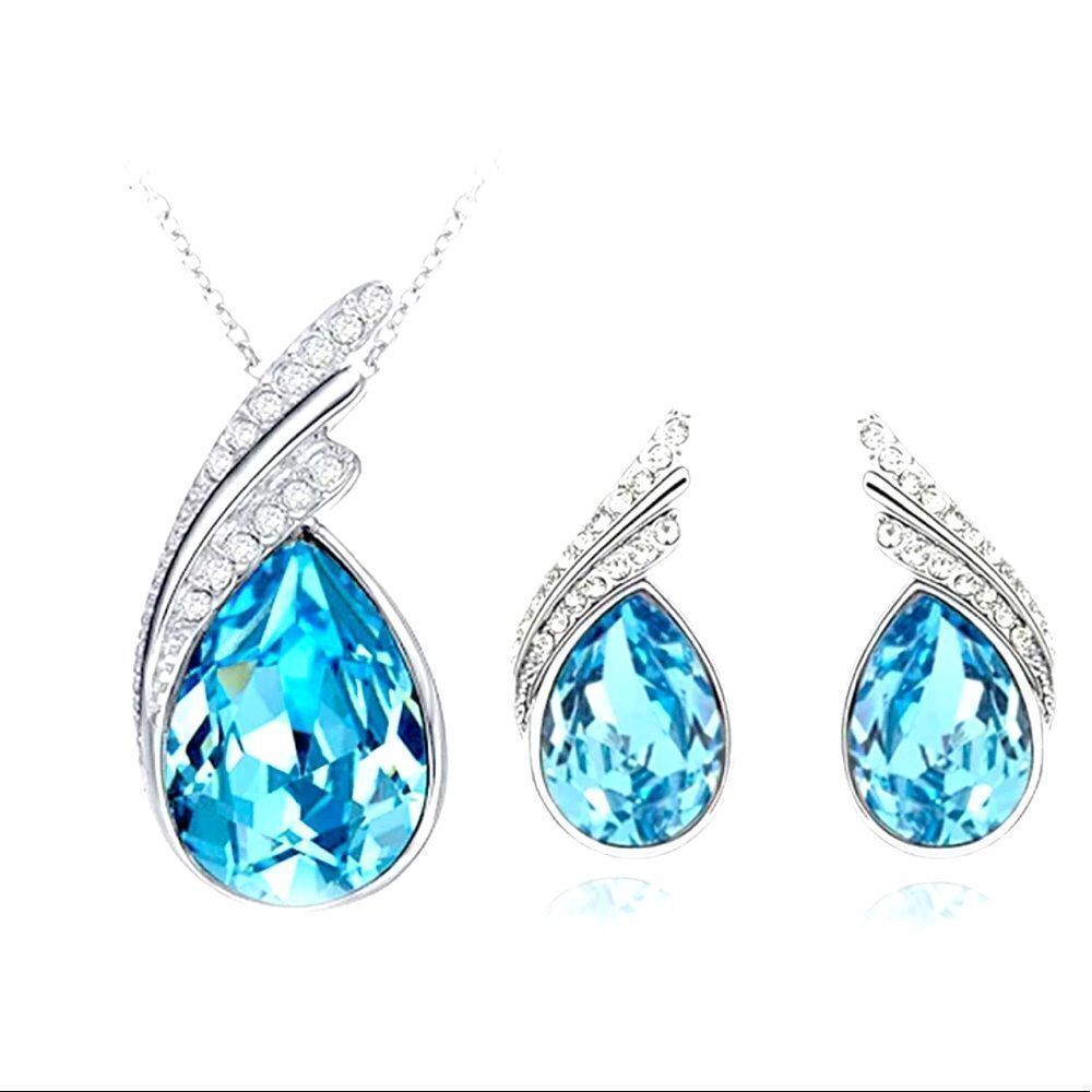💎Turquoise Gemstone Fashion Angel Wings Crystal Necklace Earrings Jewelry Set